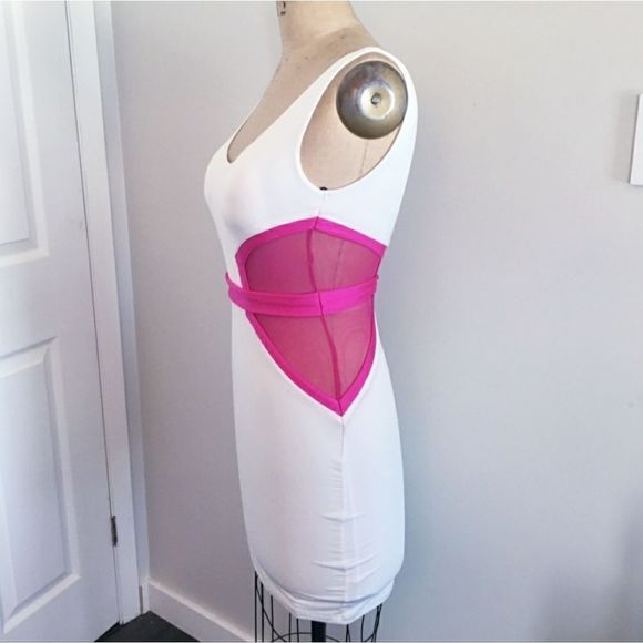 NWT ๐๐๐Bebe Neon Spandex Panel White Slim Dress Size S - Picture 2 of 16